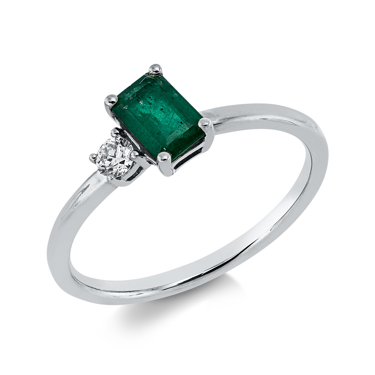diamond full cut emerald colored stone classic ring in white gold
