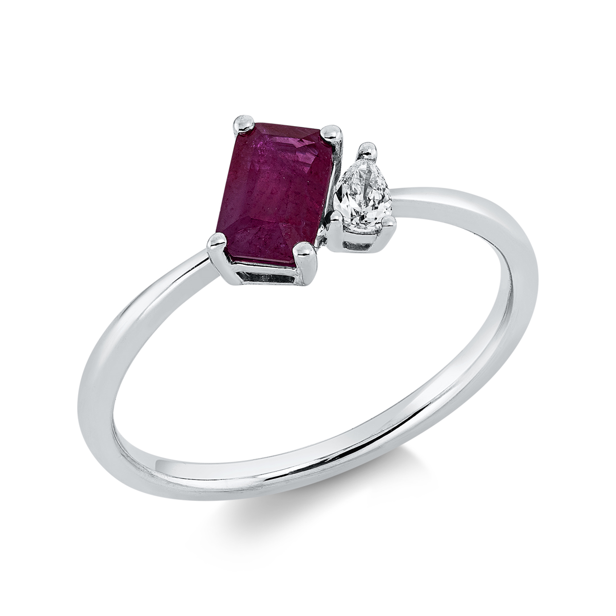 pear shape ruby colored stone classic ring in white gold