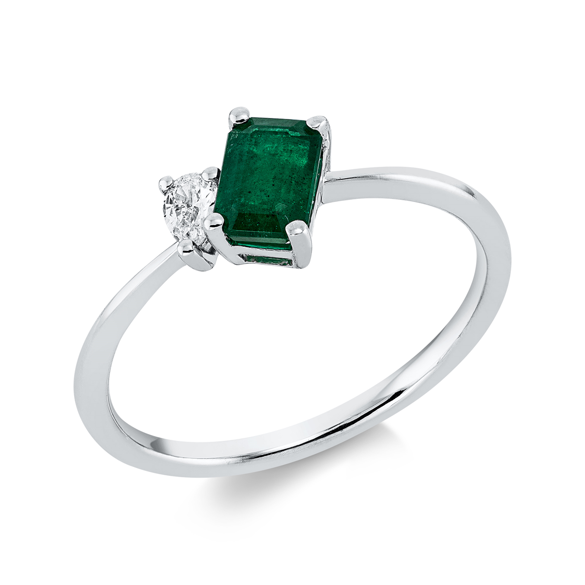 pear shape emerald colored stone classic ring in white gold