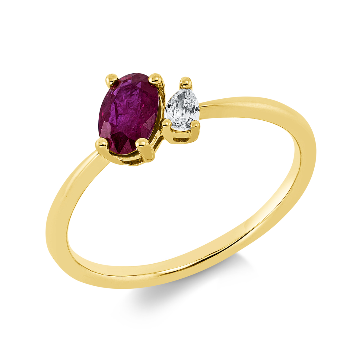 pear shape ruby colored stone classic ring in yellow gold