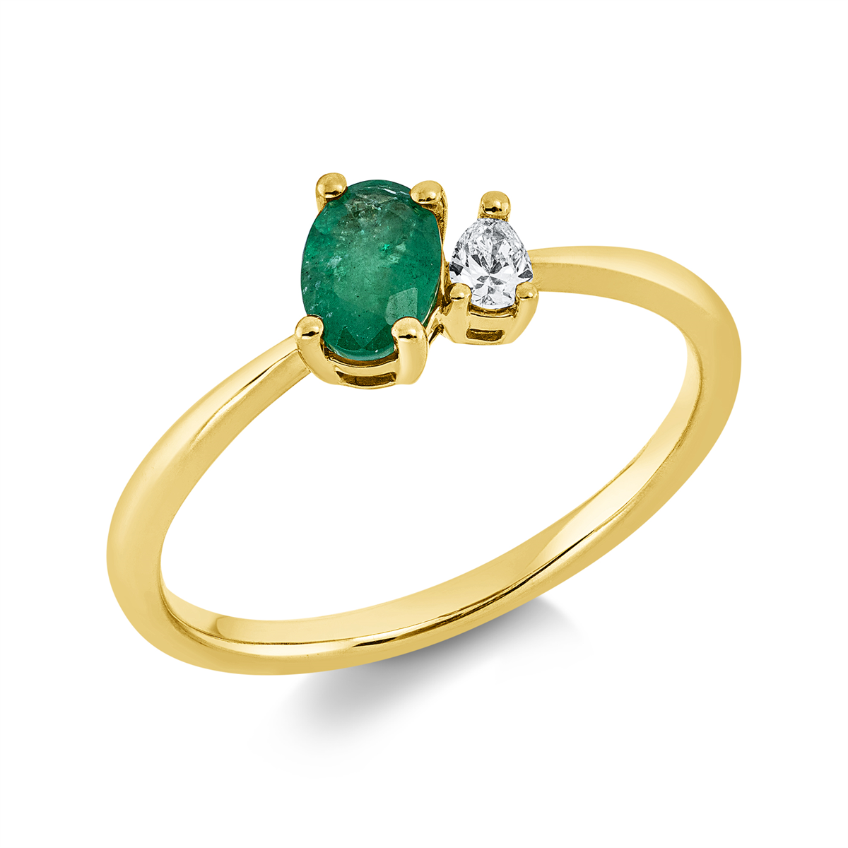 pear shape emerald colored stone classic ring in yellow gold