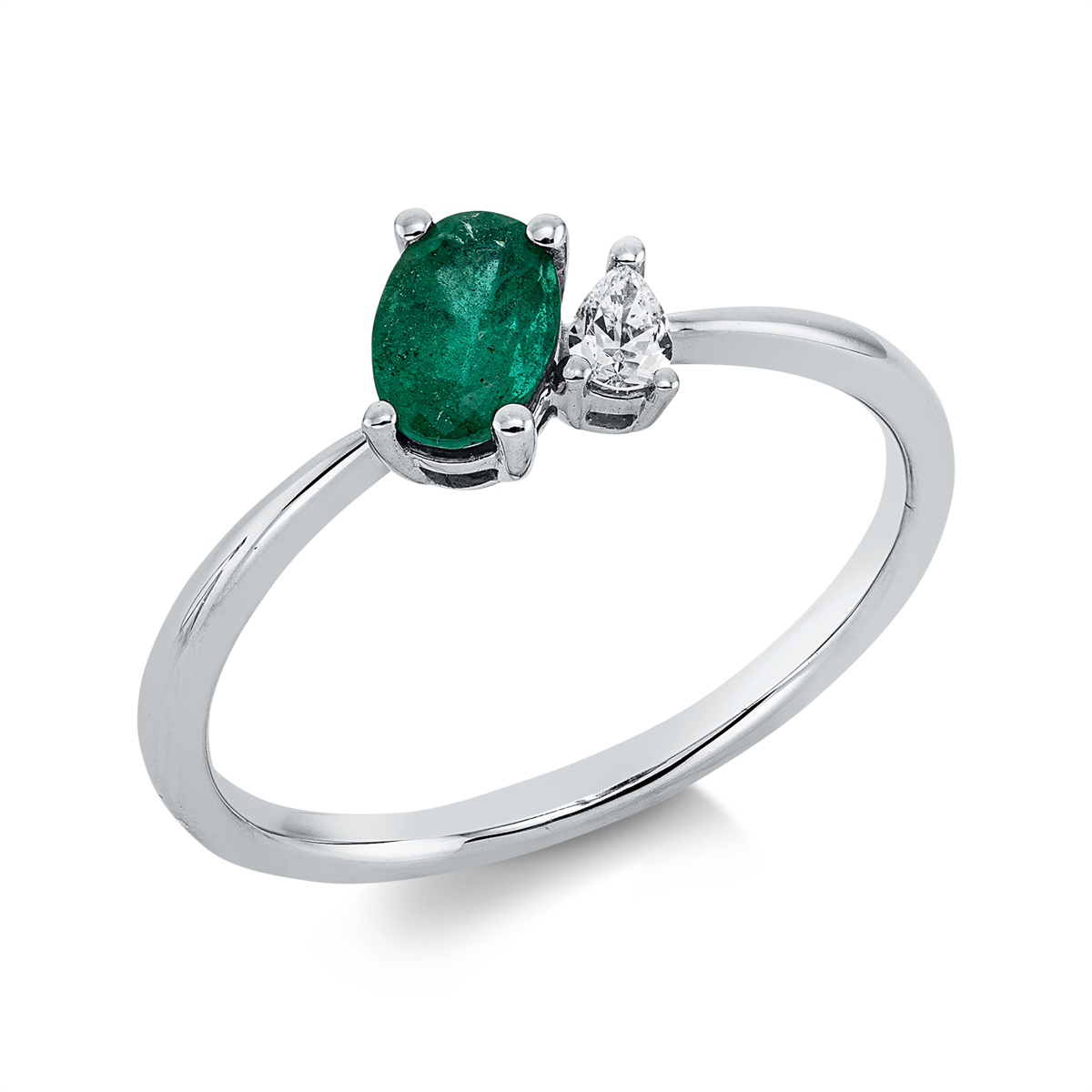 pear shape emerald colored stone classic ring in white gold