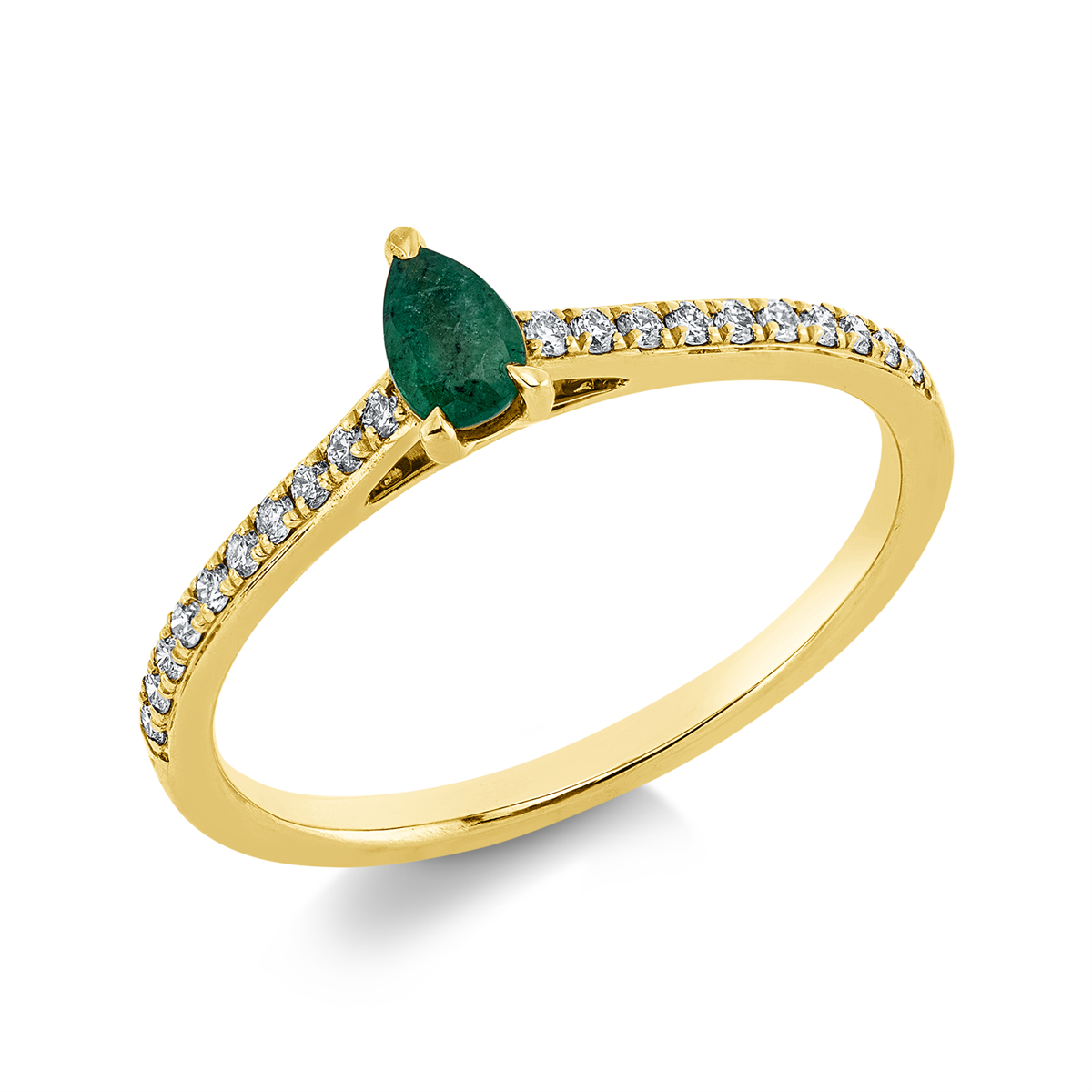diamond full cut emerald colored stone classic ring in yellow gold