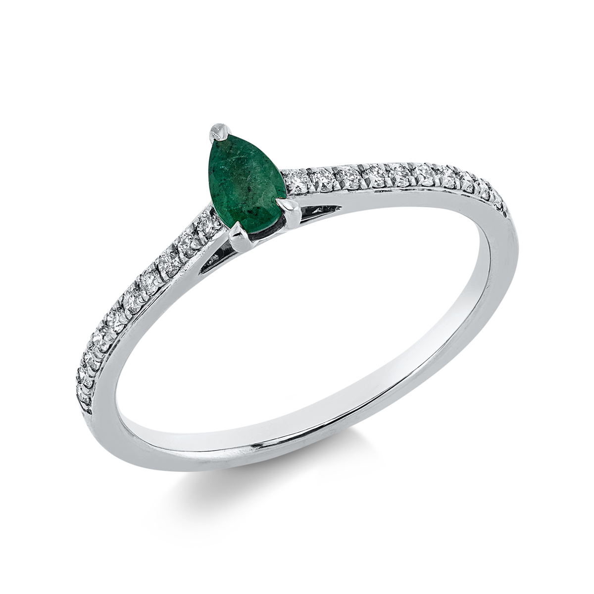 diamond full cut emerald colored stone classic ring in white gold