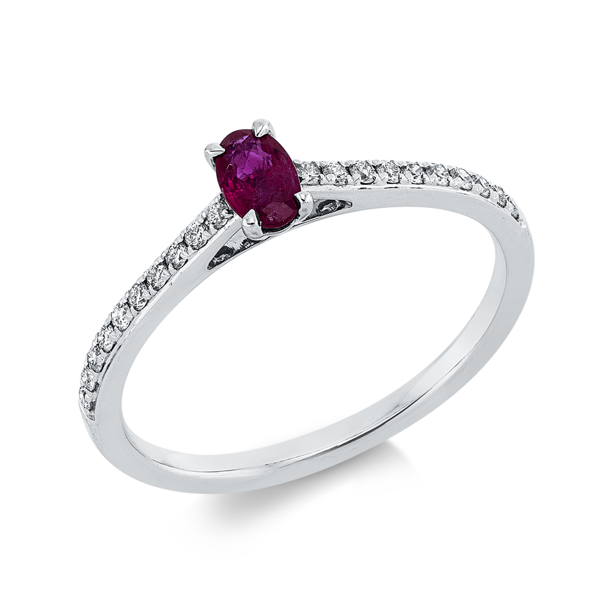 diamond full cut ruby colored stone classic ring in white gold