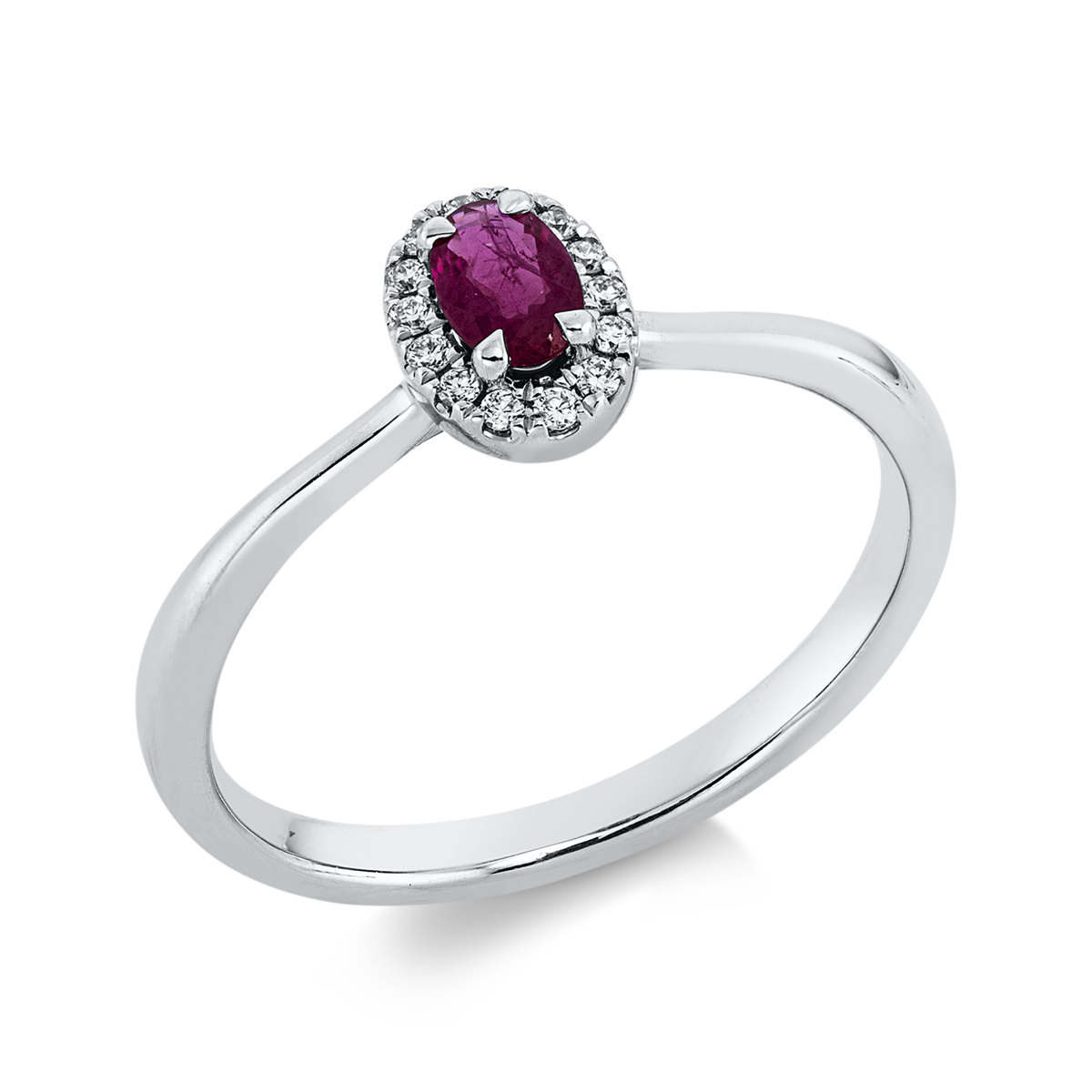 diamond full cut ruby colored stone classic ring in white gold