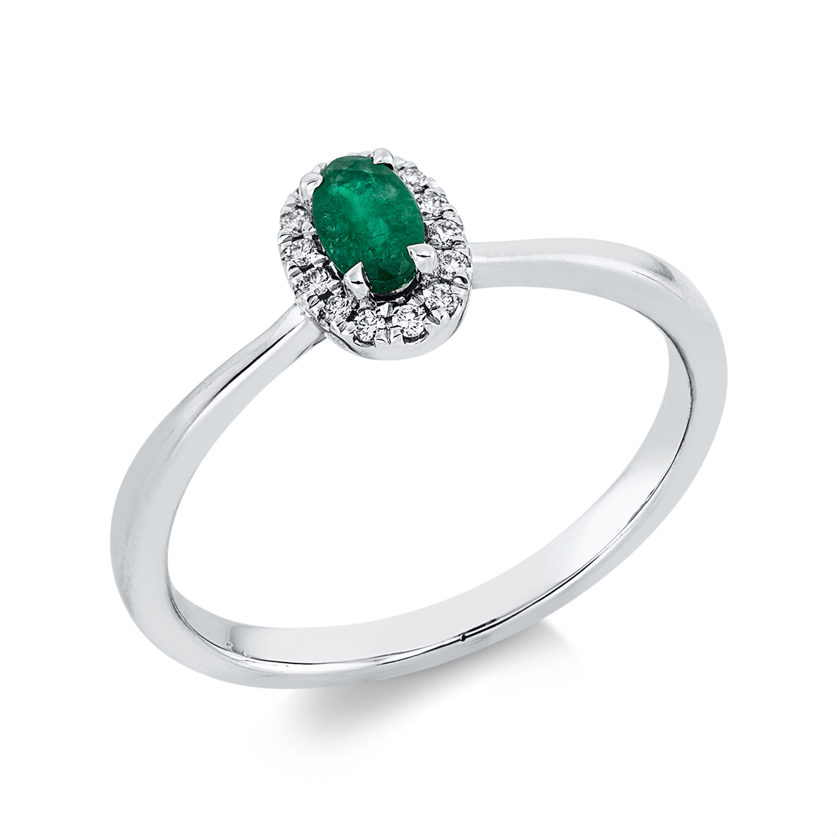 diamond full cut emerald colored stone classic ring in white gold