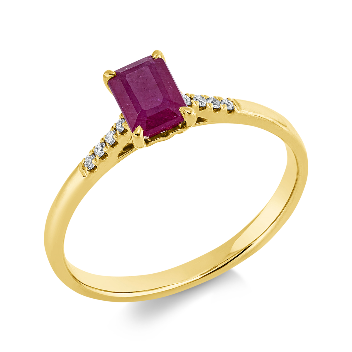 diamond full cut ruby colored stone classic ring in yellow gold
