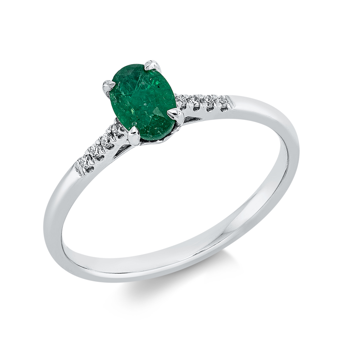 diamond full cut emerald colored stone classic ring in white gold