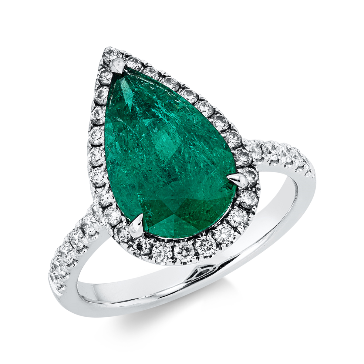 diamond full cut emerald colored stone classic ring in white gold