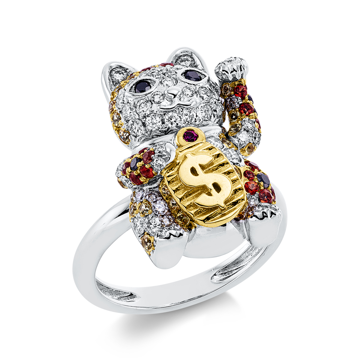 diamond full cut ruby animal ring in white gold / yellow gold