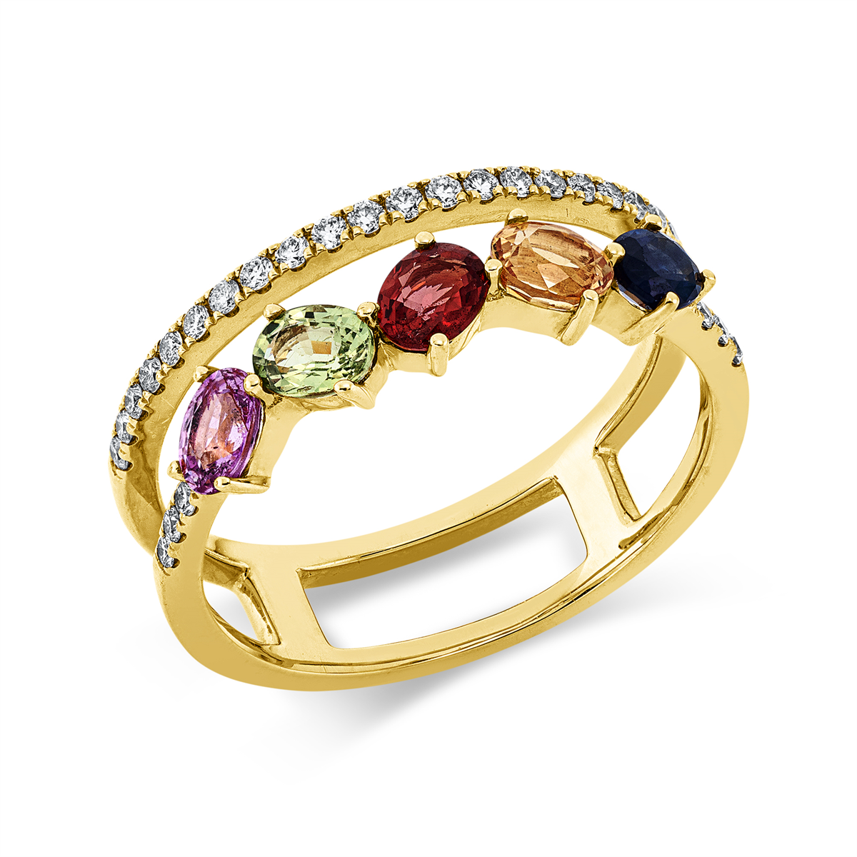 diamond full cut sapphire colored stone classic ring in yellow gold