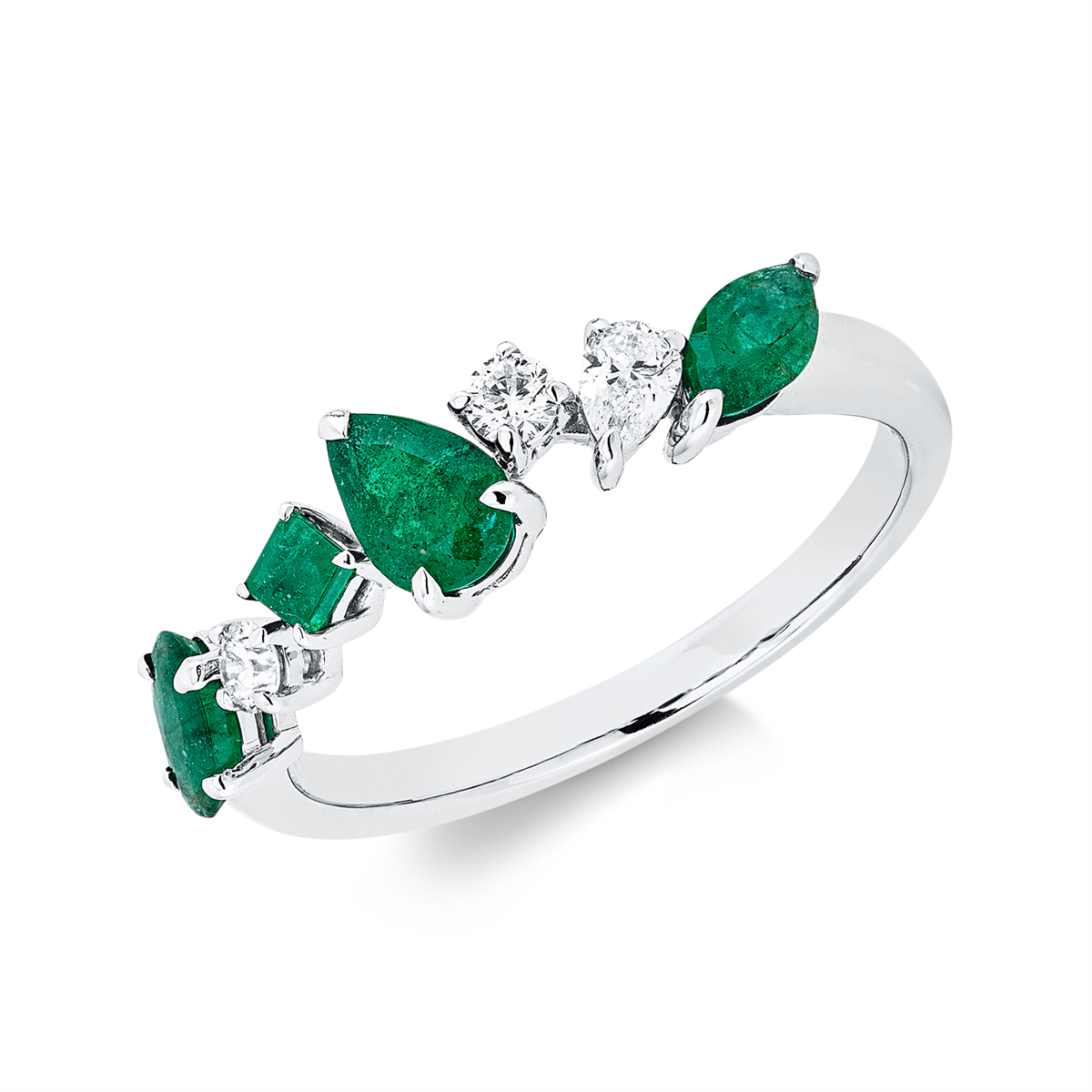diamond full cut emerald colored stone classic ring in white gold