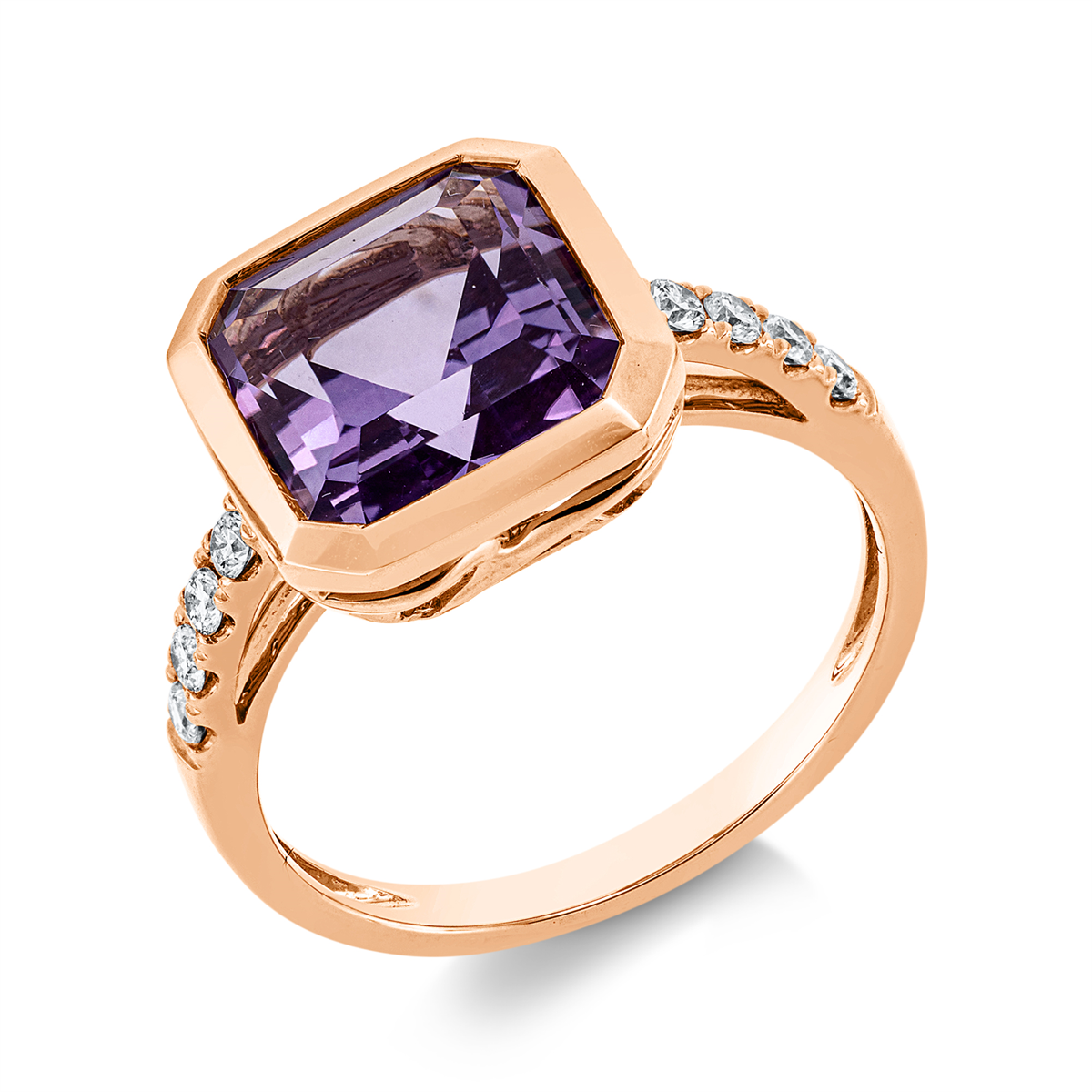 diamond full cut amethyst colored stone fashion ring in red gold