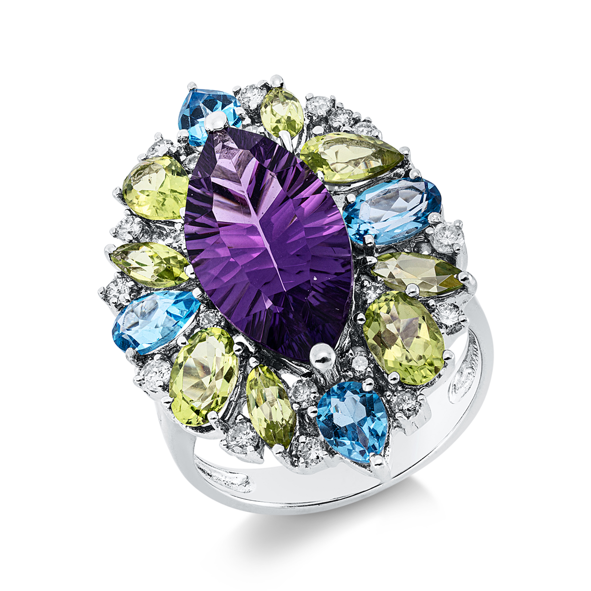 diamond full cut peridot colored stone fashion ring in white gold