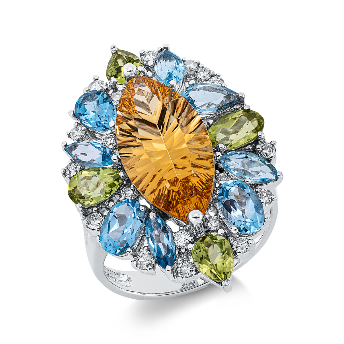 diamond full cut topaz colored stone fashion ring in white gold