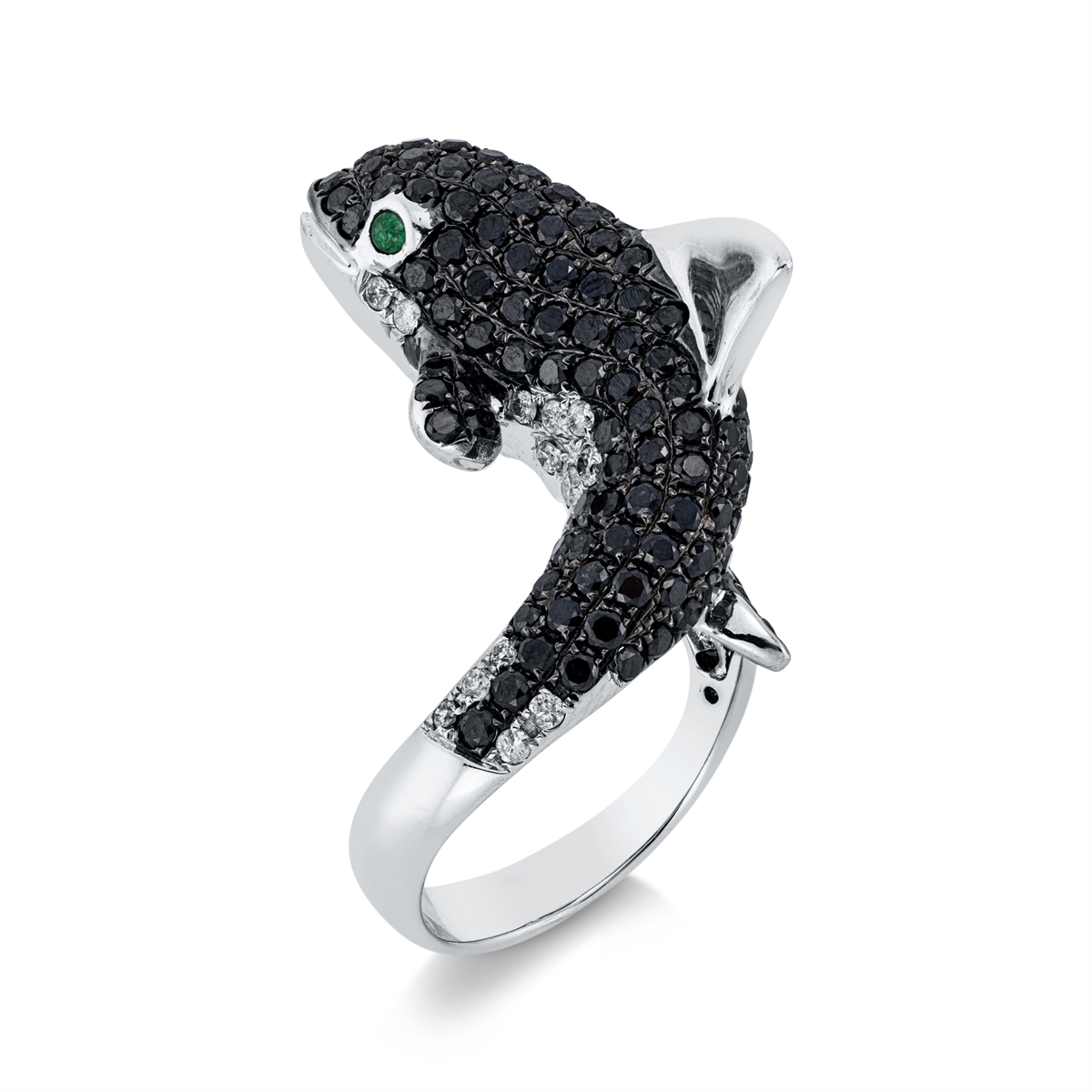 diamond full cut emerald animal ring in white gold