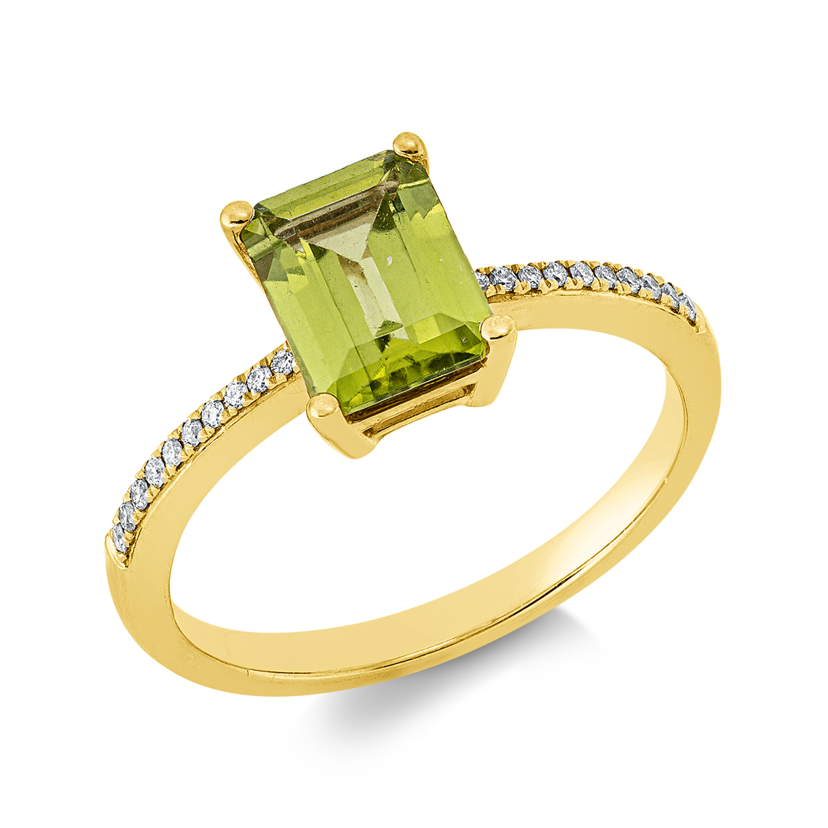 diamond full cut peridot colored stone fashion ring in yellow gold