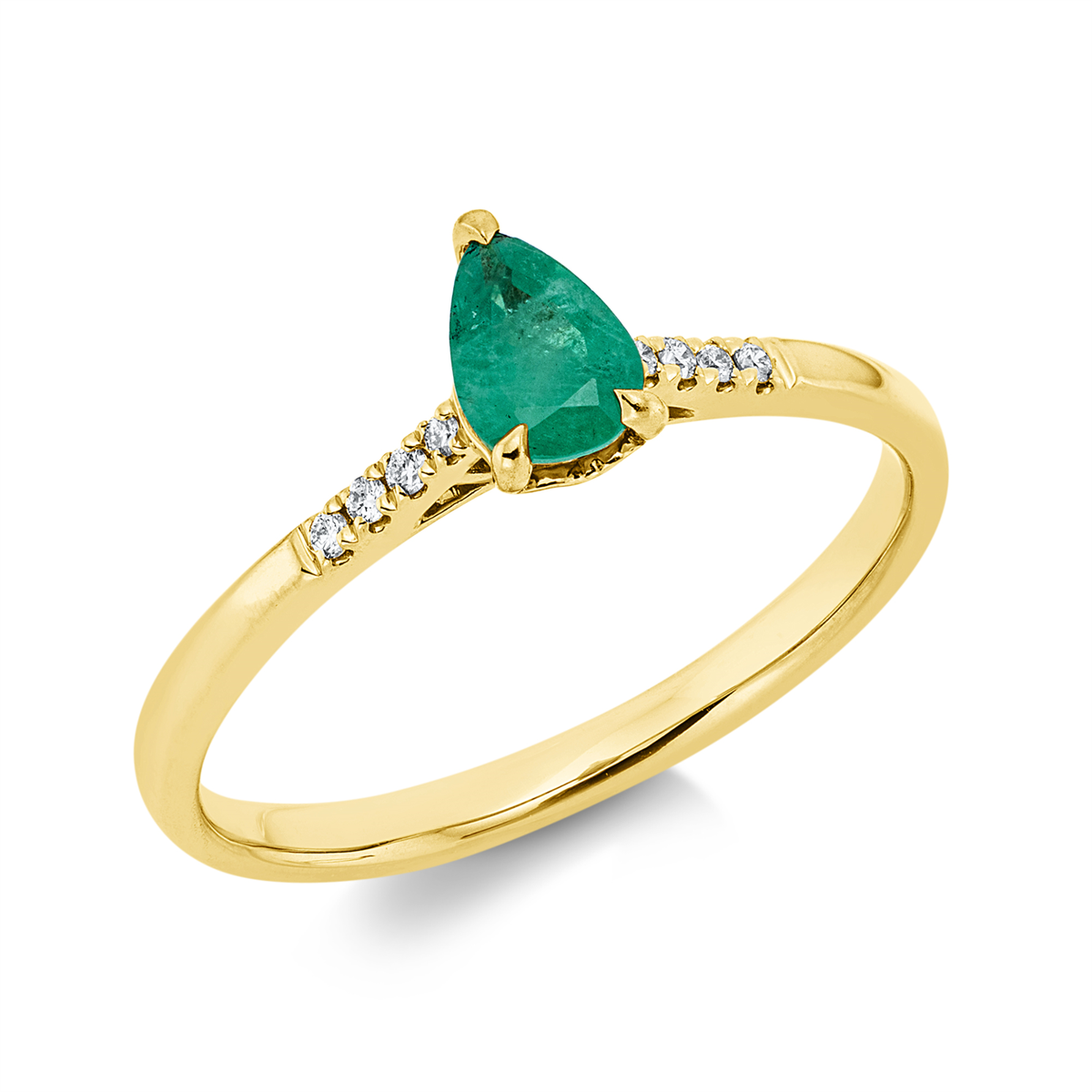 diamond full cut emerald colored stone classic ring in yellow gold