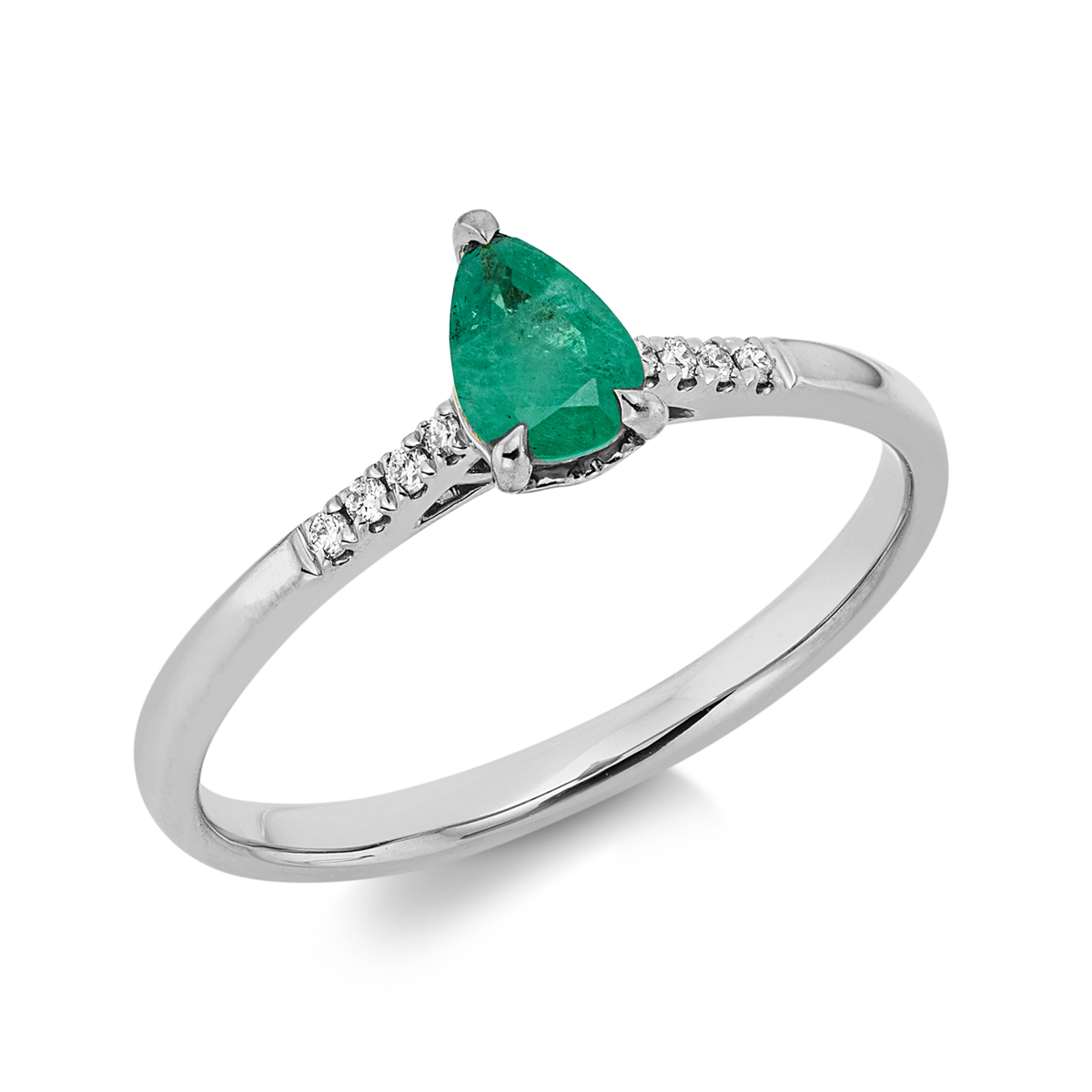 diamond full cut emerald colored stone classic ring in white gold