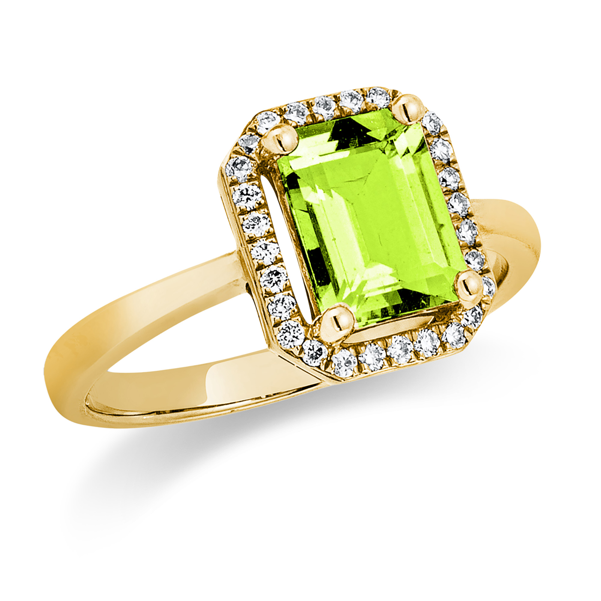 diamond full cut peridot colored stone fashion ring in yellow gold