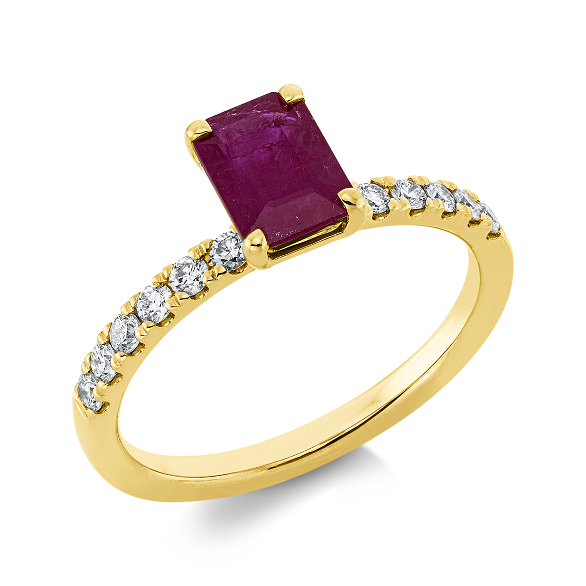 diamond full cut ruby colored stone classic ring in yellow gold