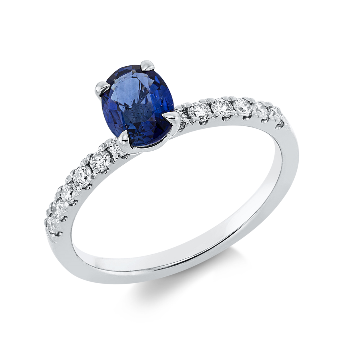 diamond full cut sapphire colored stone classic ring in white gold