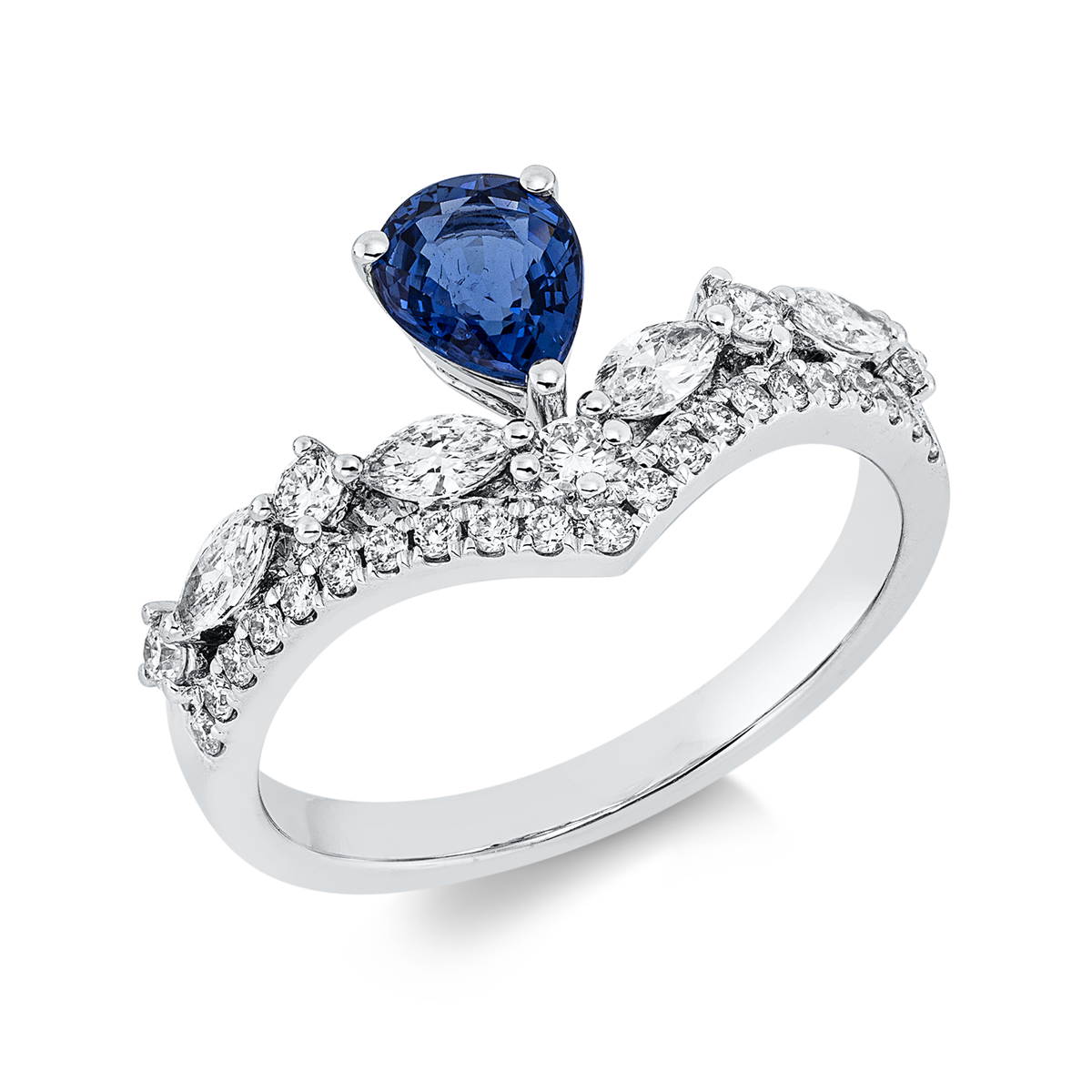 diamond full cut sapphire colored stone classic ring in white gold