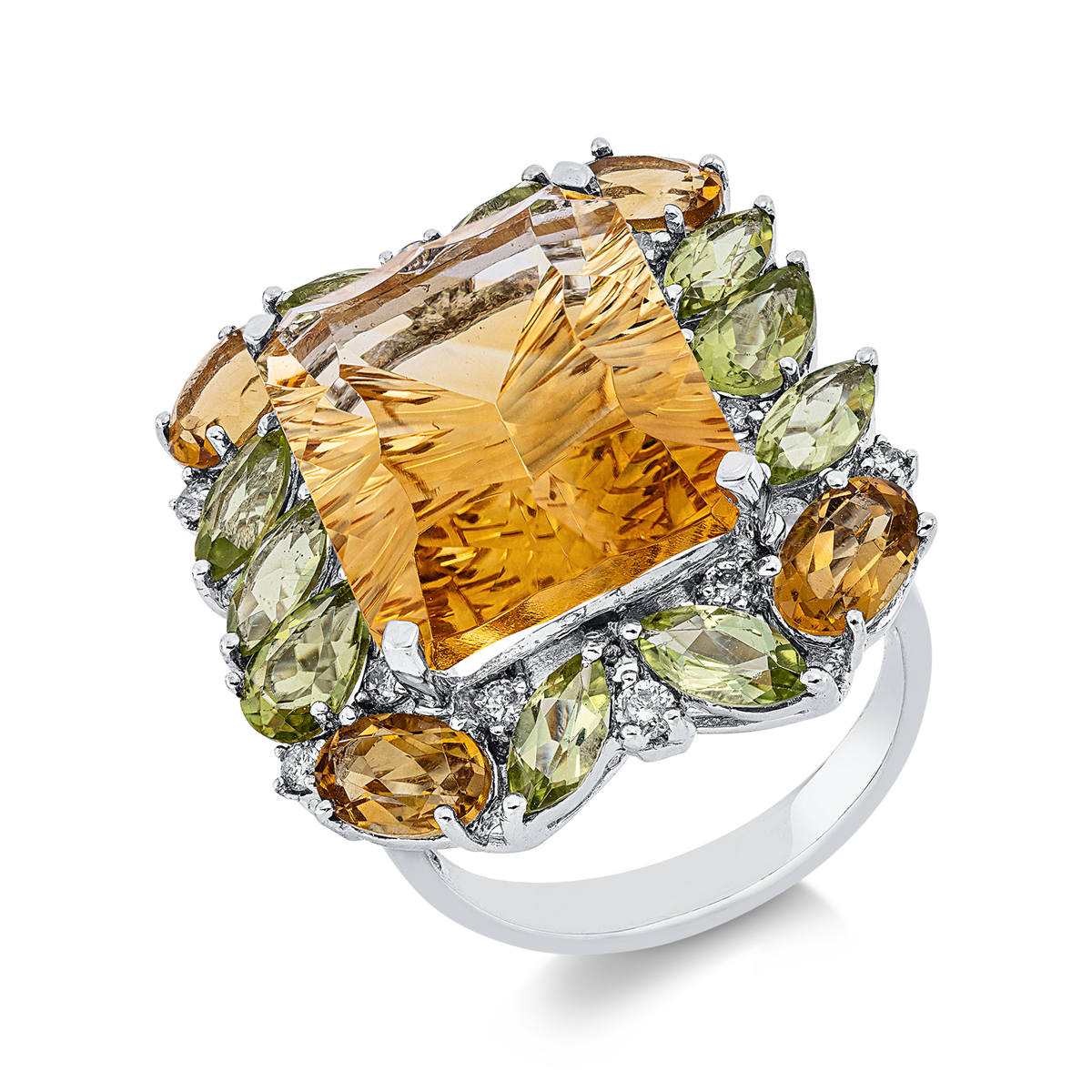 diamond full cut peridot colored stone fashion ring in white gold