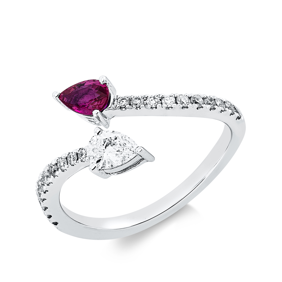 fantasy-cut ruby colored stone classic ring in white gold