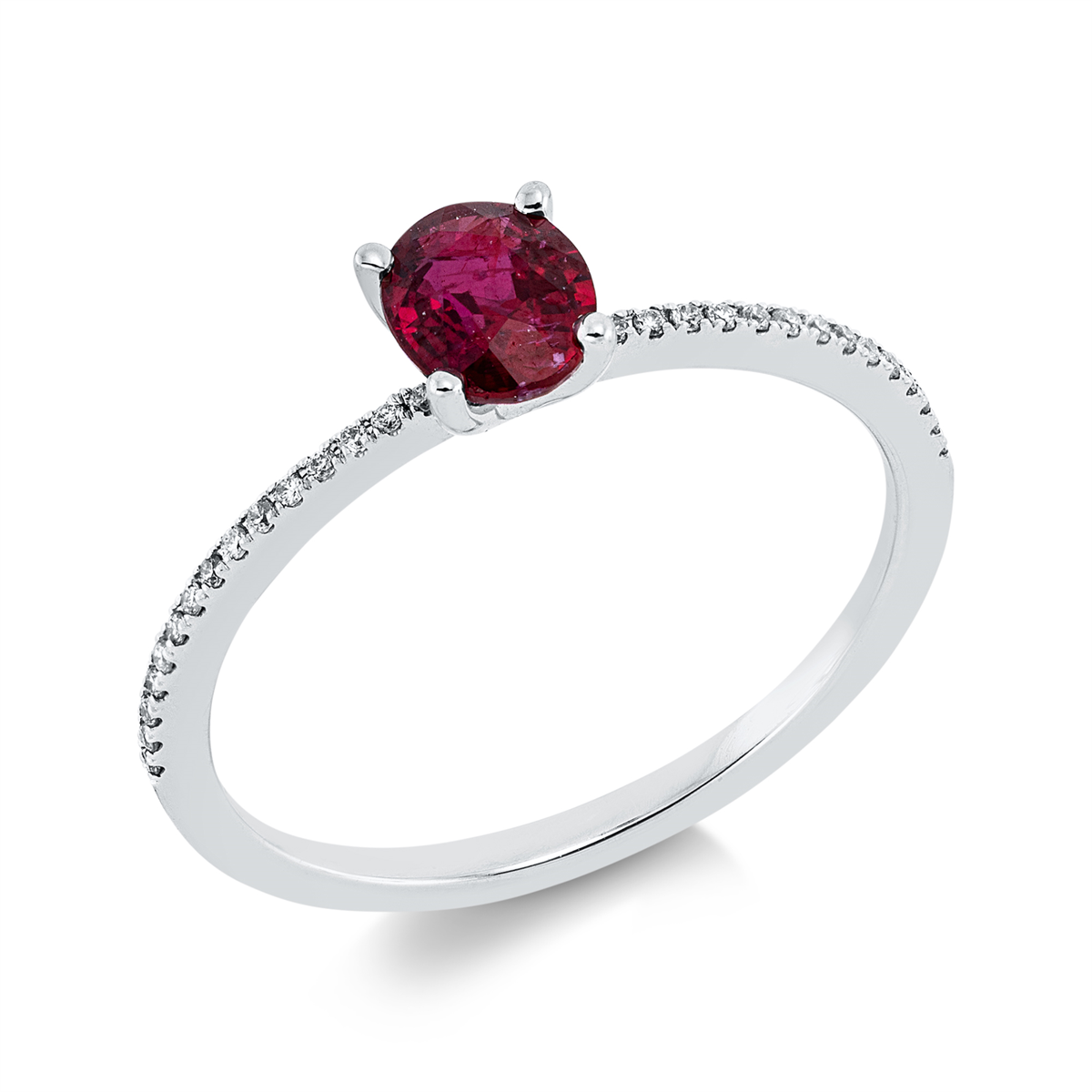 diamond full cut ruby colored stone classic ring in white gold