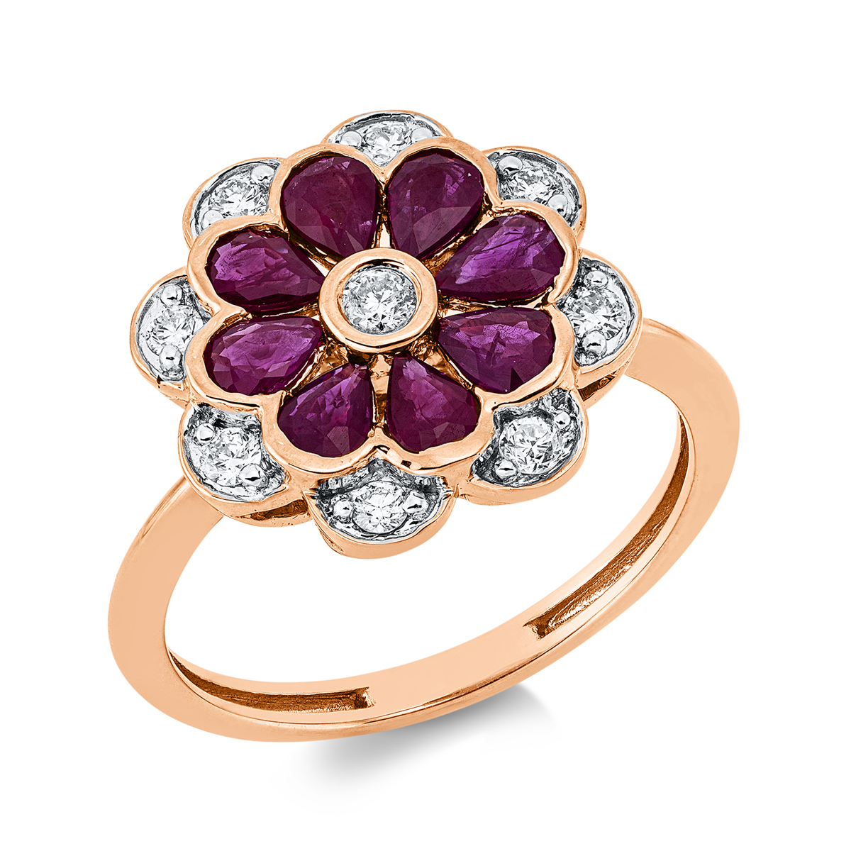 diamond full cut ruby colored stone classic ring in red gold