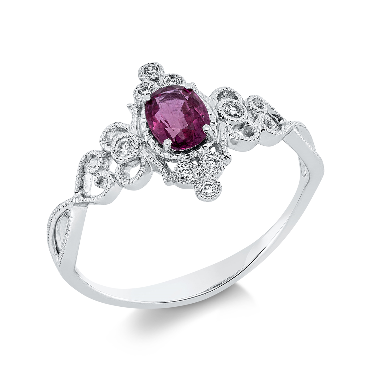 diamond full cut ruby colored stone classic ring in white gold