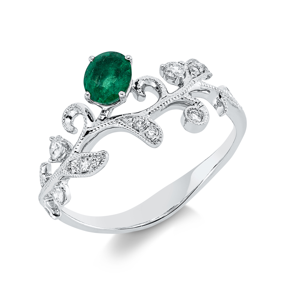 diamond full cut emerald colored stone classic ring in white gold