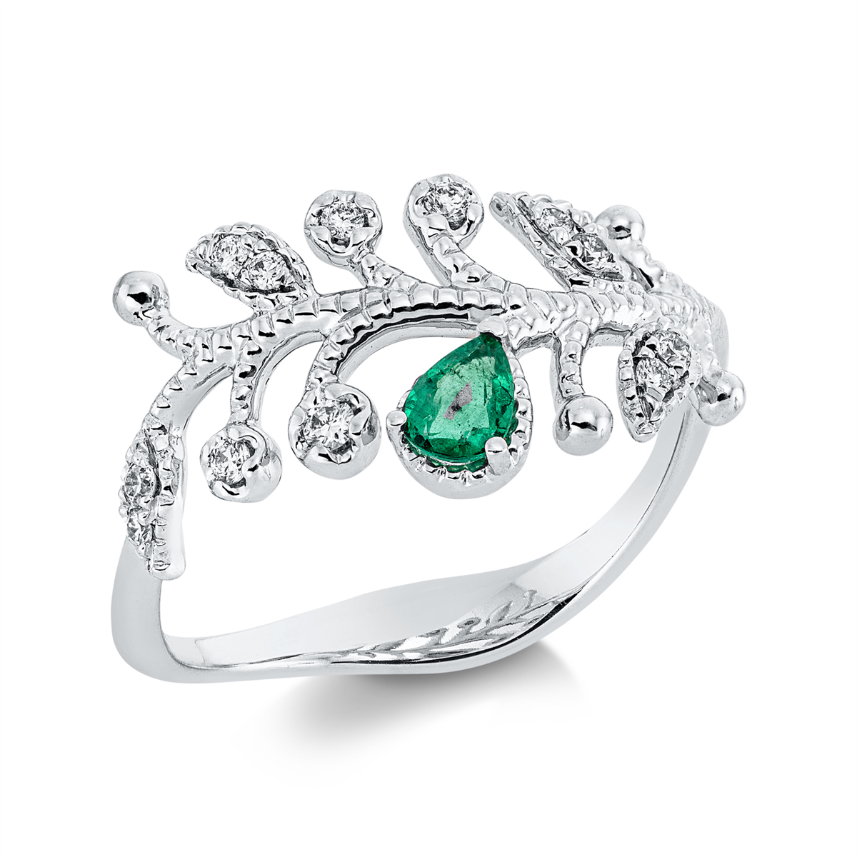diamond full cut emerald colored stone classic ring in white gold