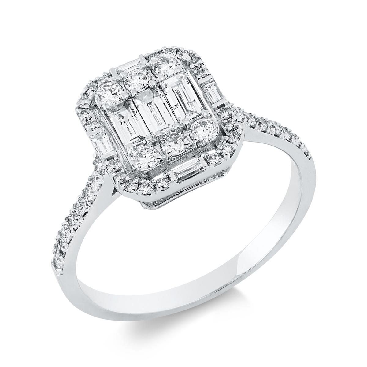 diamond full cut  baguette illusion ring in white gold