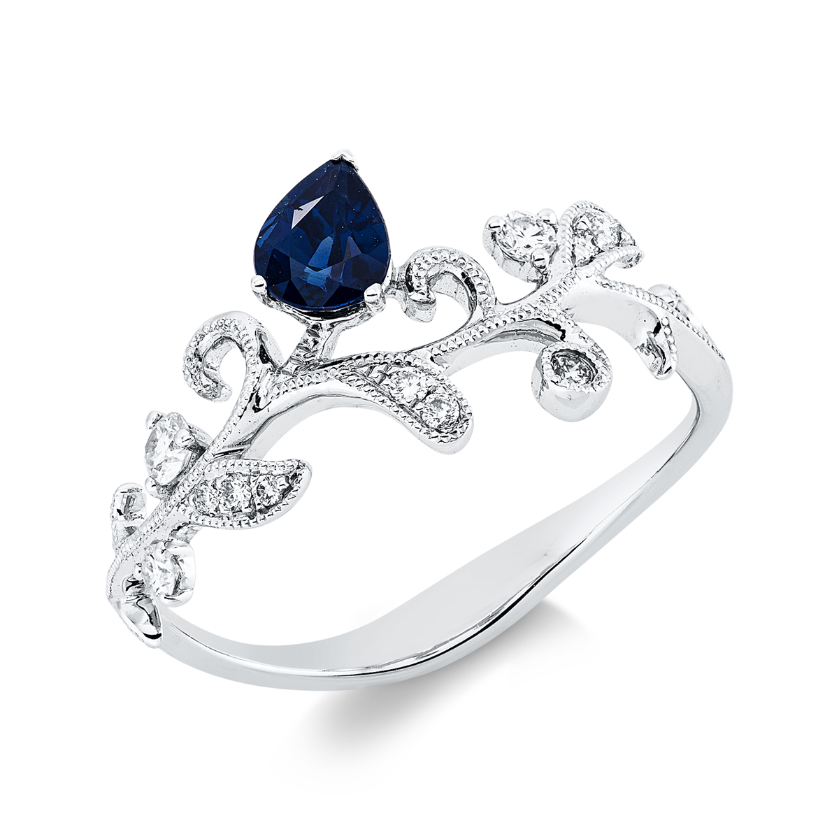 diamond full cut sapphire colored stone classic ring in white gold