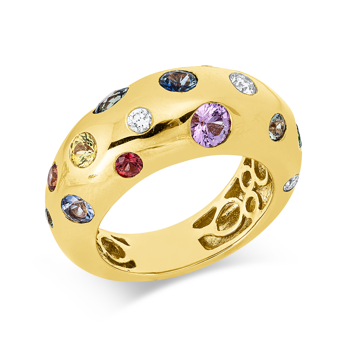 diamond full cut sapphire colored stone classic ring in yellow gold