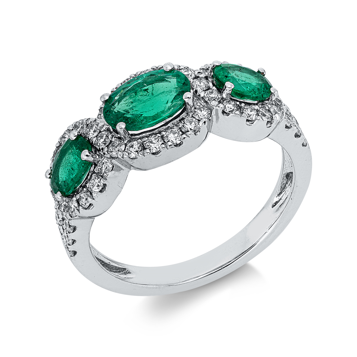 diamond full cut emerald colored stone classic ring in white gold