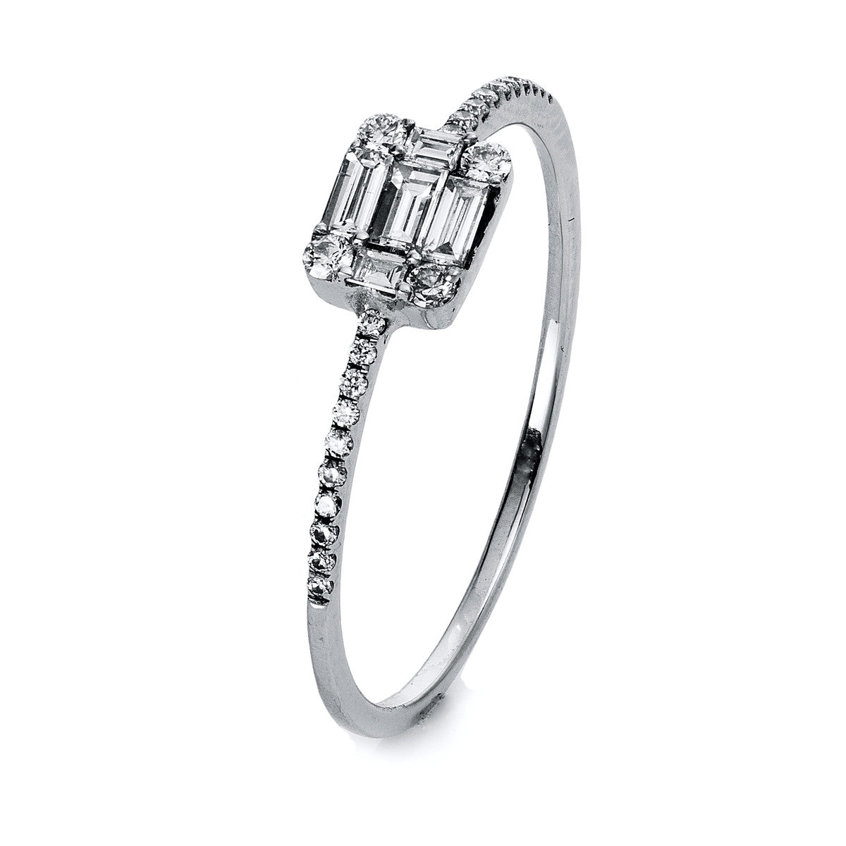 diamond full cut  baguette illusion ring in white gold