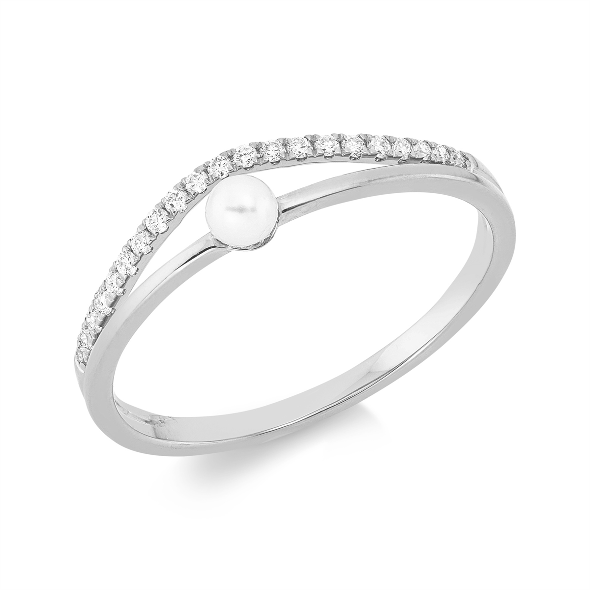 diamond full cut  pearl ring in white gold