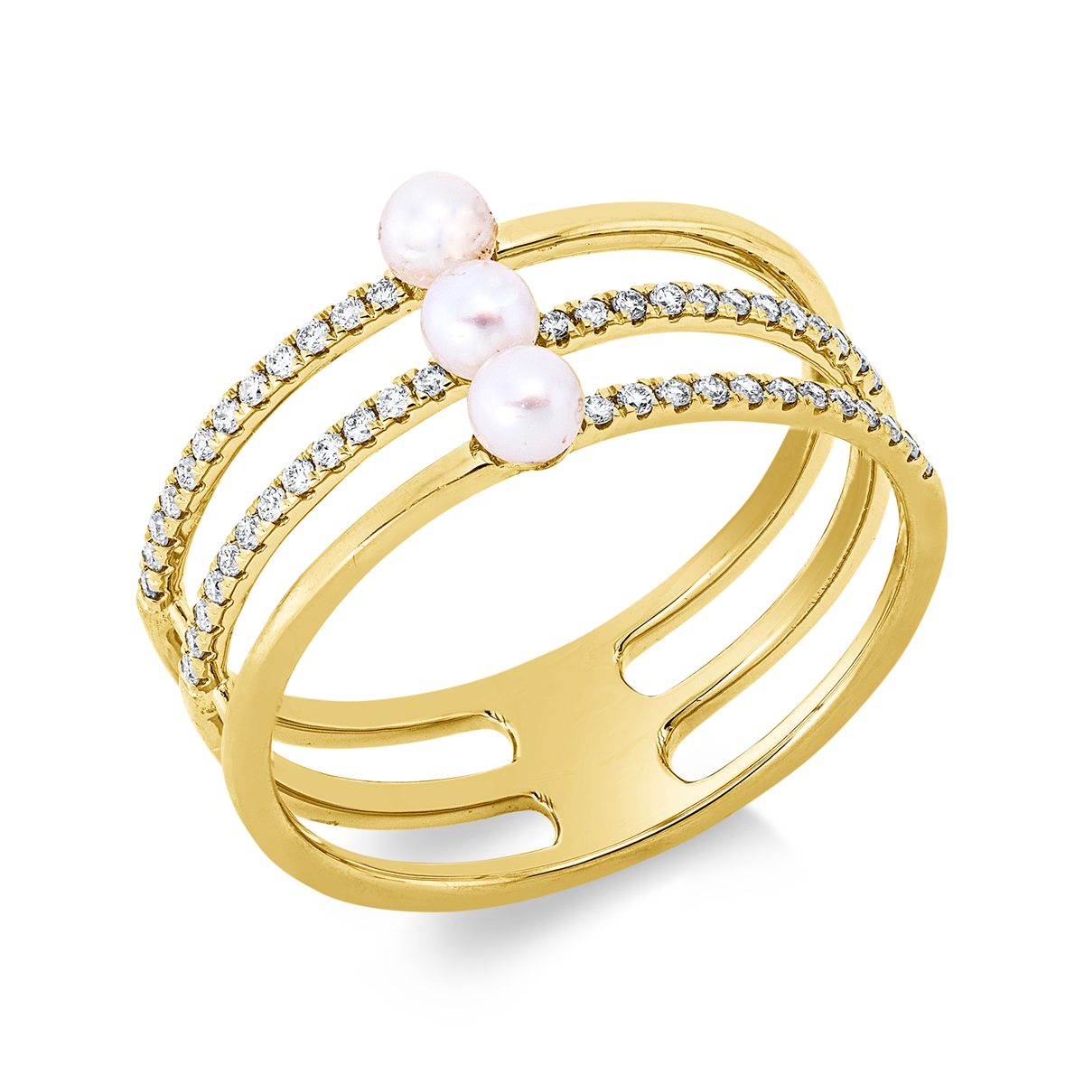 diamond full cut  pearl ring in yellow gold
