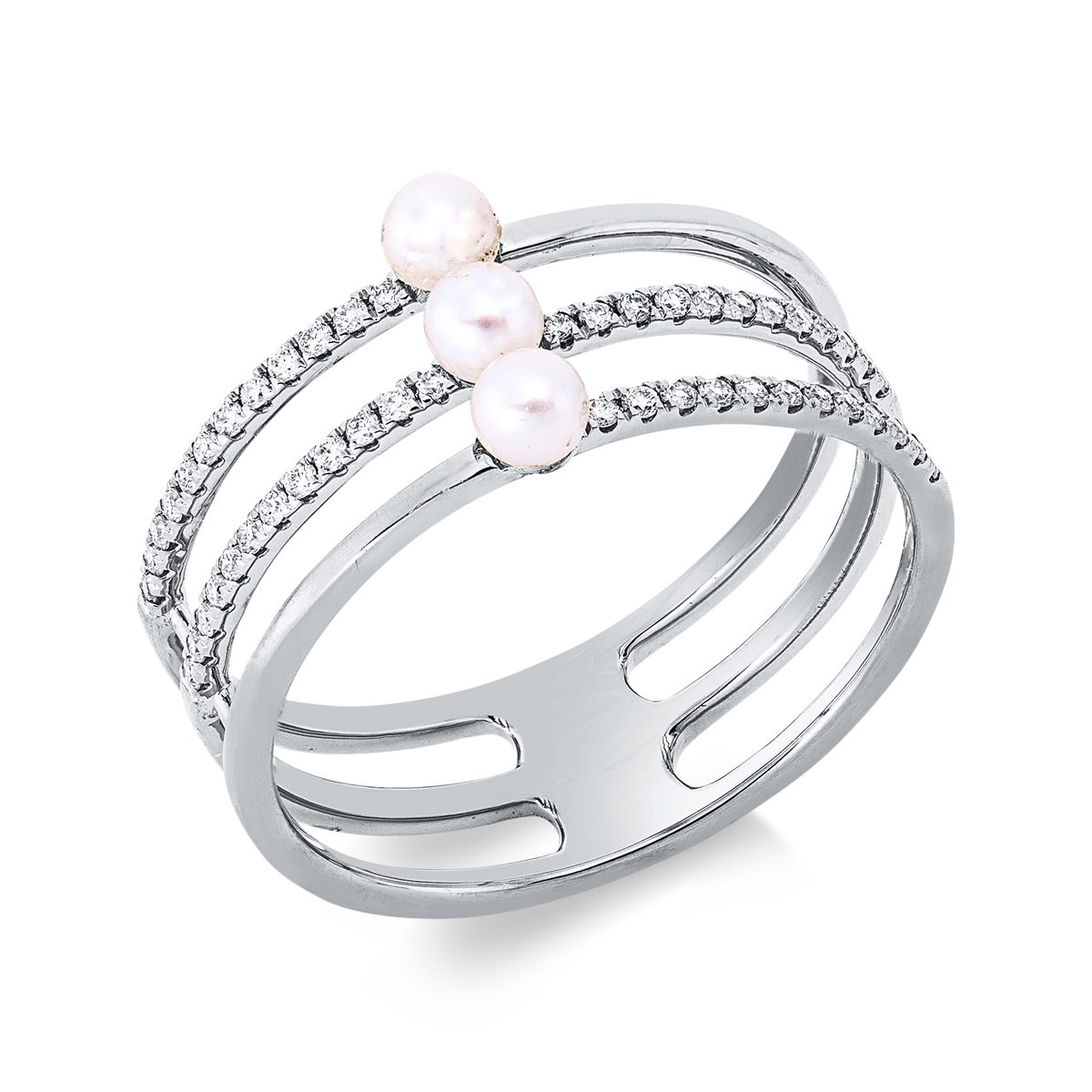 diamond full cut  pearl ring in white gold