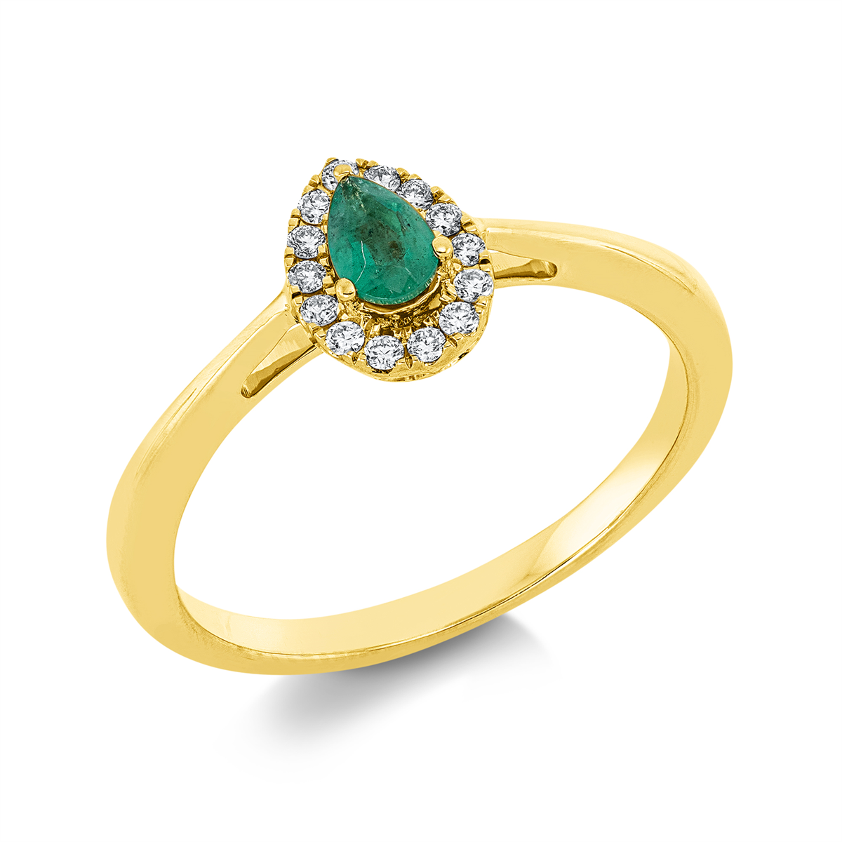 diamond full cut emerald colored stone classic ring in yellow gold
