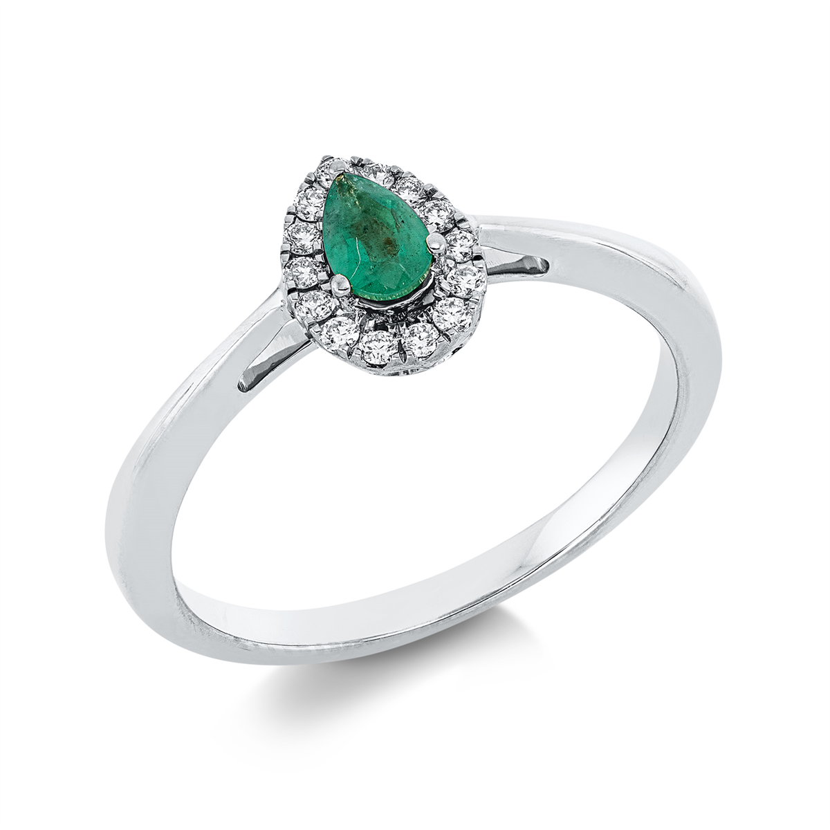diamond full cut emerald colored stone classic ring in white gold