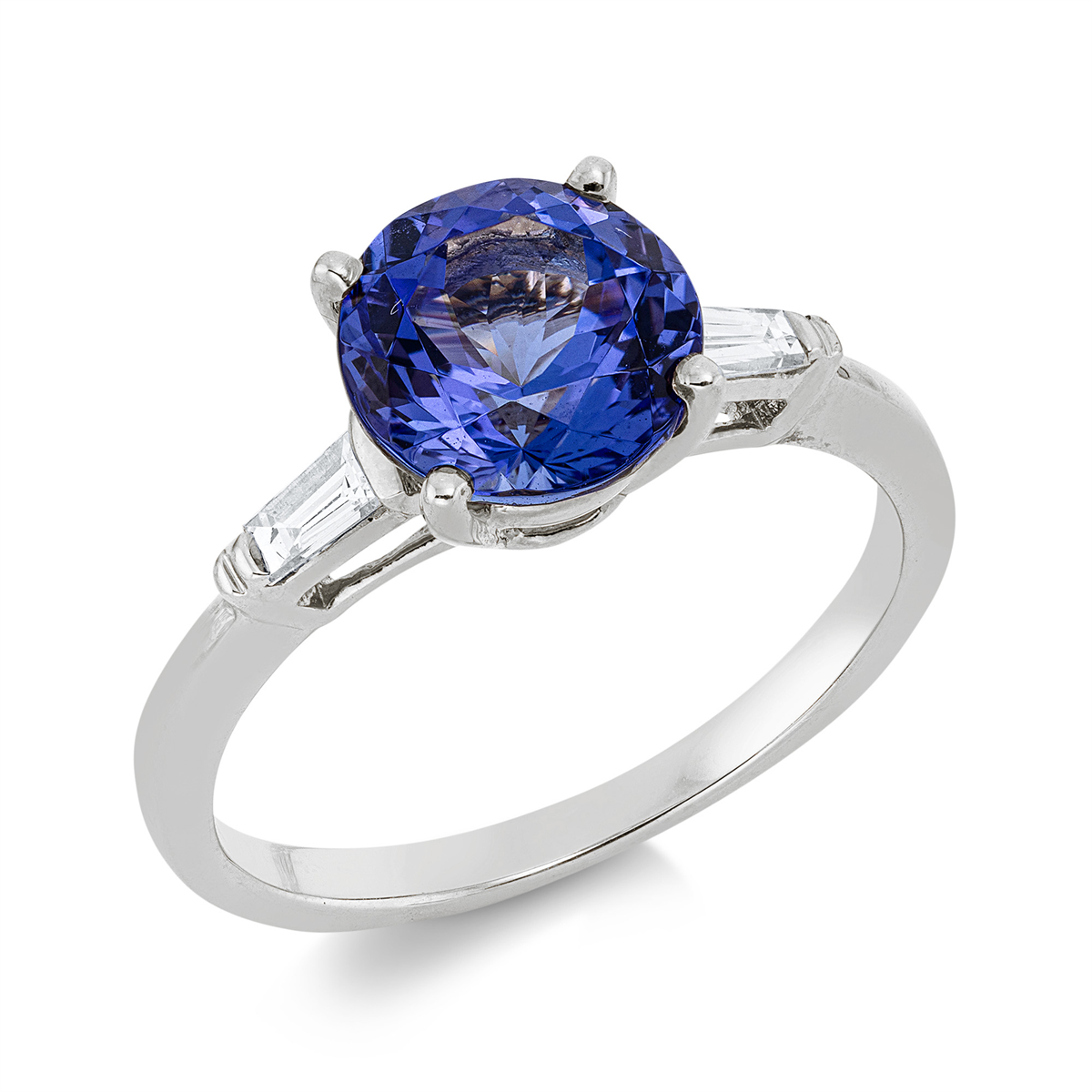 baguette tanzanite colored stone classic ring in white gold