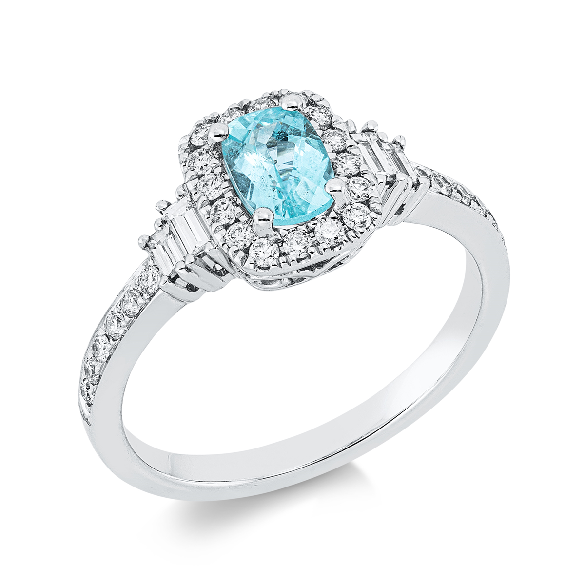diamond full cut paraiba colored stone classic ring in white gold