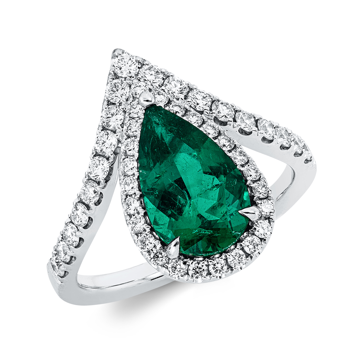 diamond full cut emerald colored stone classic ring in white gold