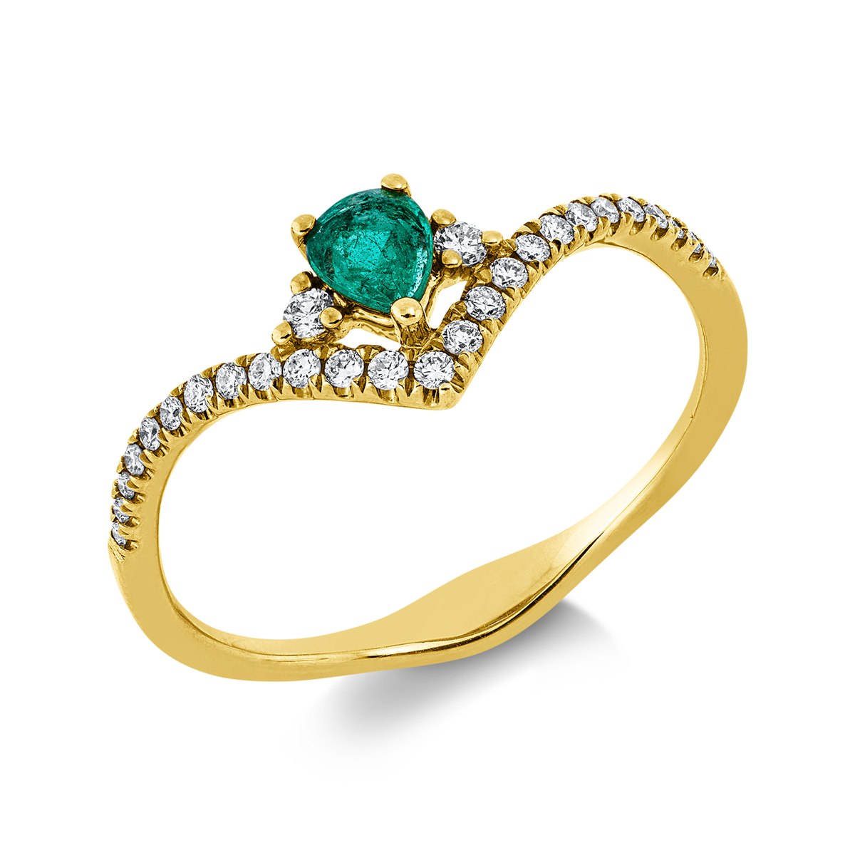 diamond full cut emerald colored stone classic ring in yellow gold