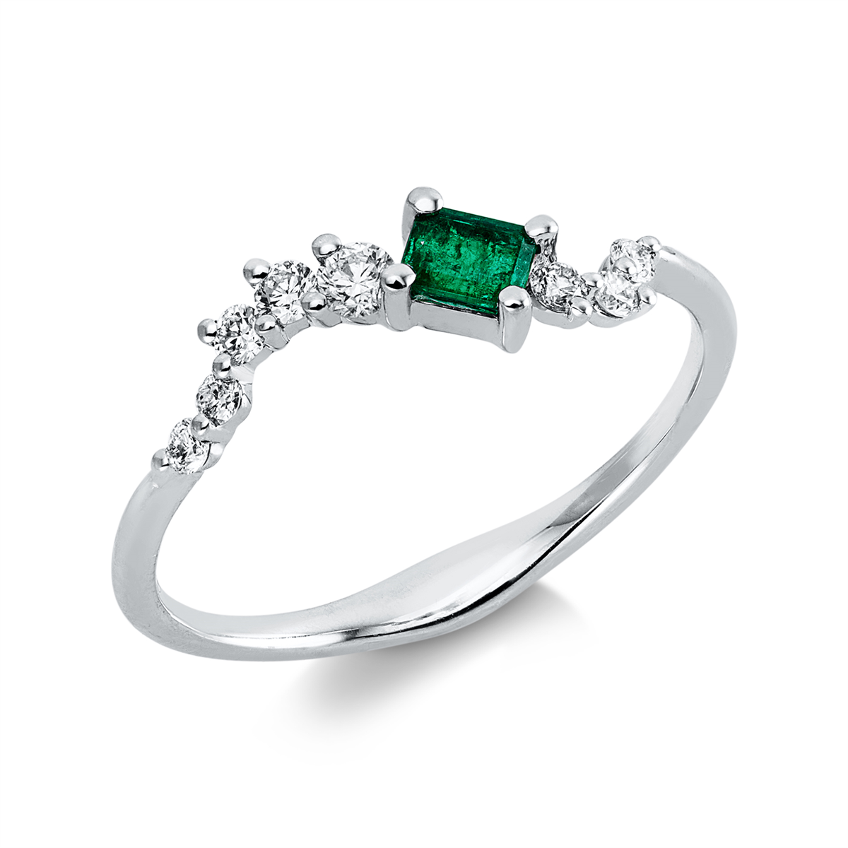 diamond full cut emerald colored stone classic ring in white gold